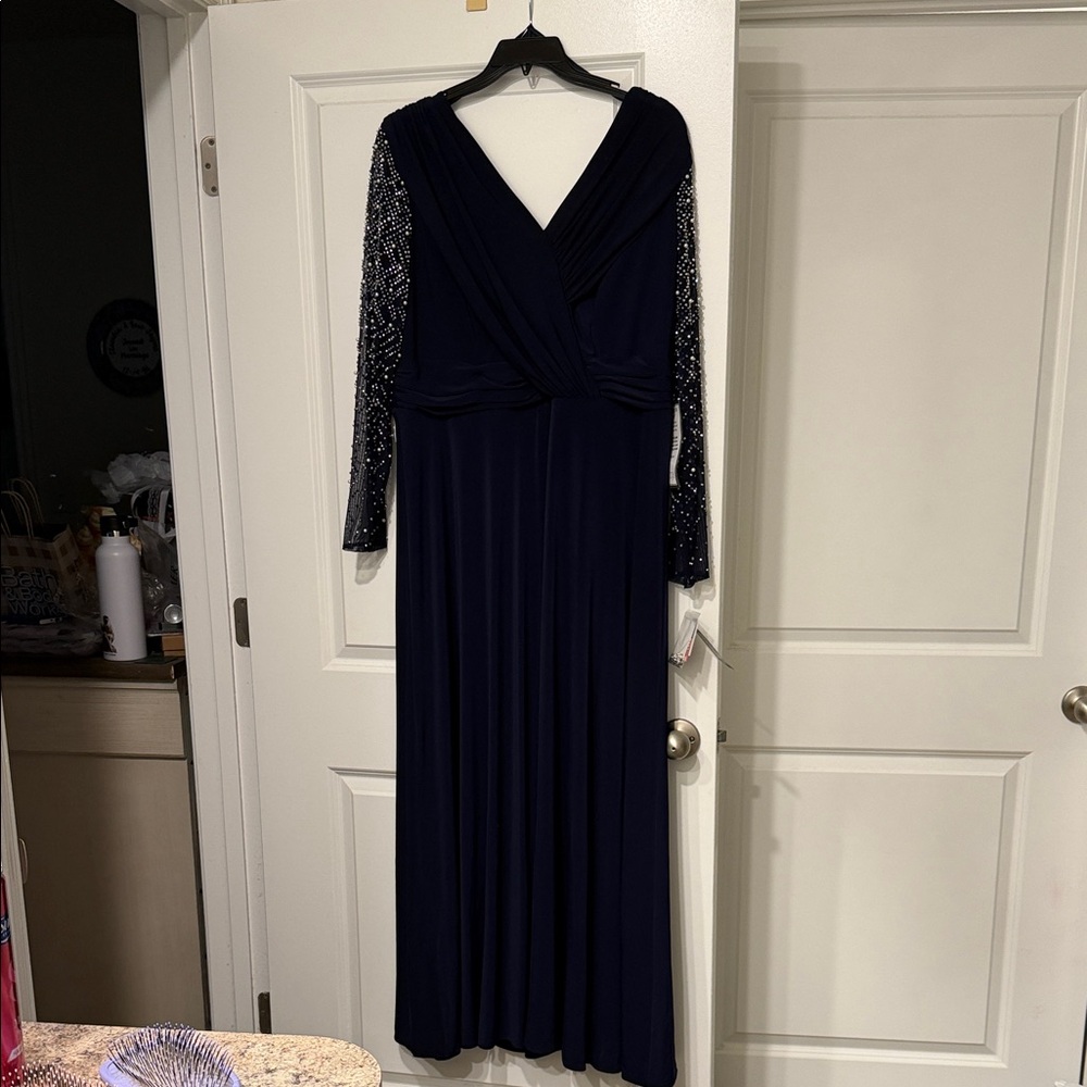 Betsy & Adam Navy Long Sleeve Dress with Embellished Sleeves